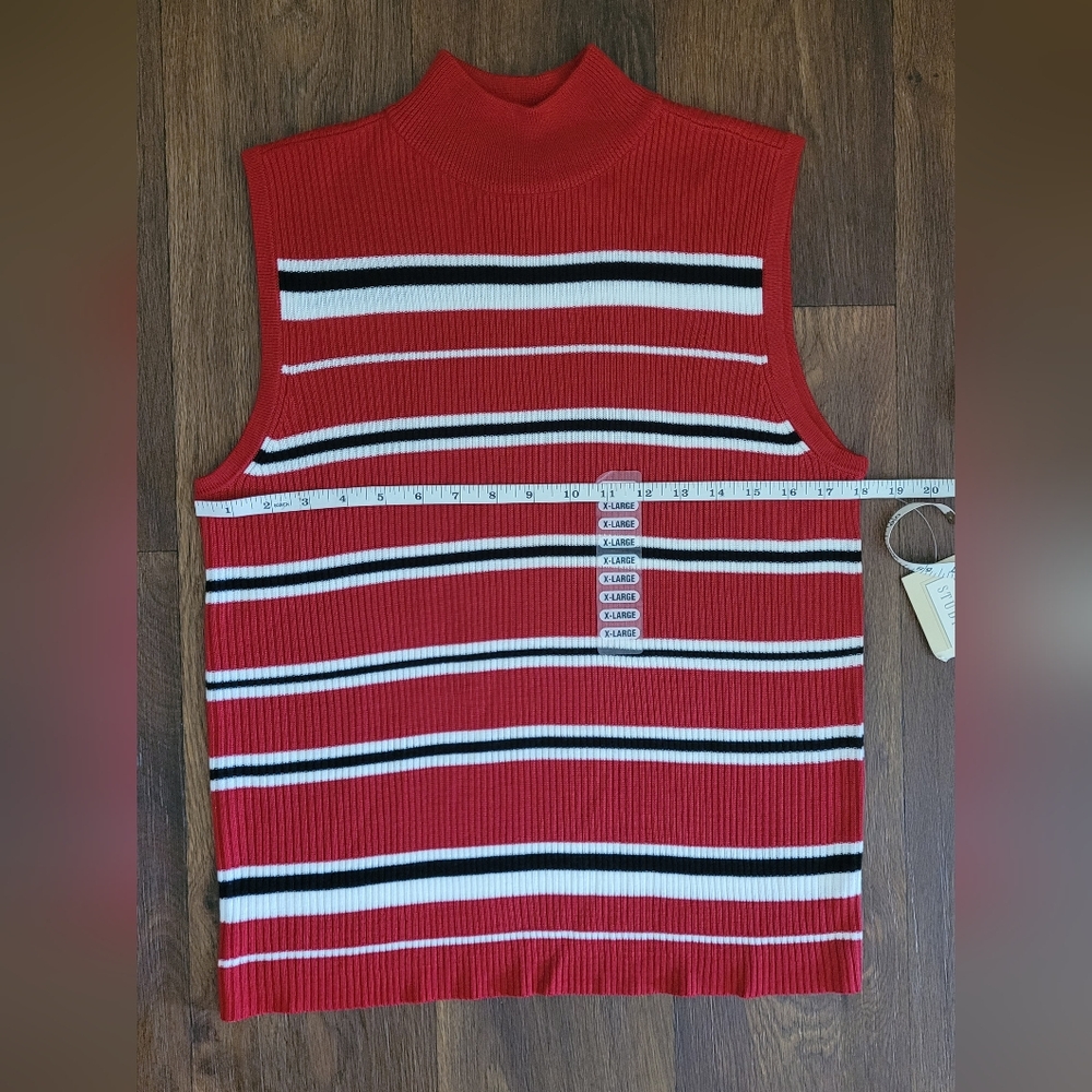 Vtg Studio Works Knit Mockneck Wide Ribbed Tank Top, Women's XL, Red Striped - Picture 7 of 8